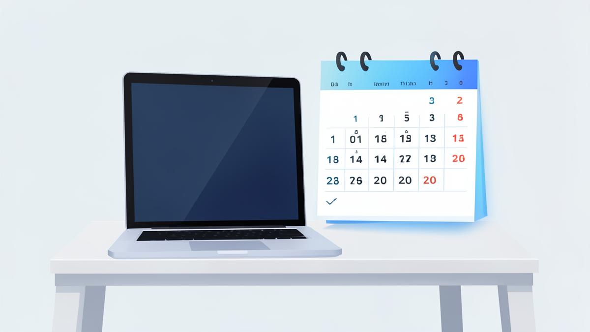 Illustration: Laptop im Homeoffice neben einem Kalender mit markierten Arbeitstagen